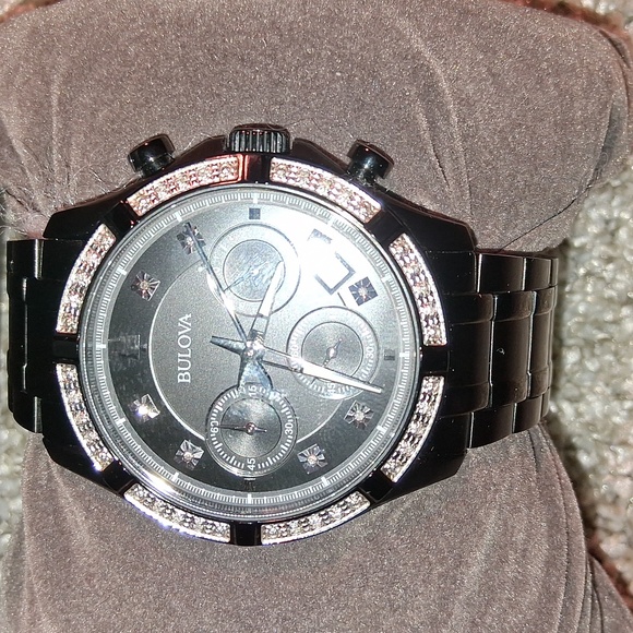 MENS Bulova Black stainless steel watch with diamond accents 44mm